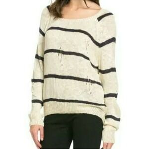 HIPPIE LOVE College Ruled Distressed Cotton Sweater Women Sz M Navy Ivory Stripe